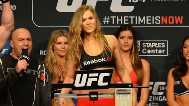 Feb 27, 2015; Los Angeles, CA, USA; Ronda Rousey on the scale for her weigh-in for UFC 184 at Staples Center. Mandatory Credit: Jayne Kamin-Oncea-USA TODAY Sports