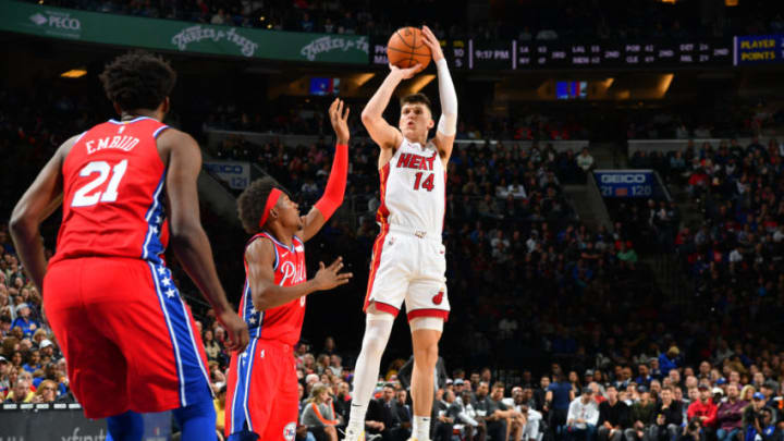 Tyler Herro #14 of the Miami Heat shoots the ball against the Philadelphia 76ers (Photo by Jesse D. Garrabrant/NBAE via Getty Images)
