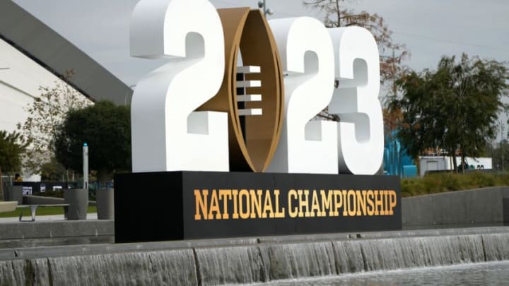 Jan 8, 2023; Inglewood California, USA; A general overall view of the 2023 College Football National Championship logo at SoFi Stadium. Mandatory Credit: Kirby Lee-USA TODAY Sports