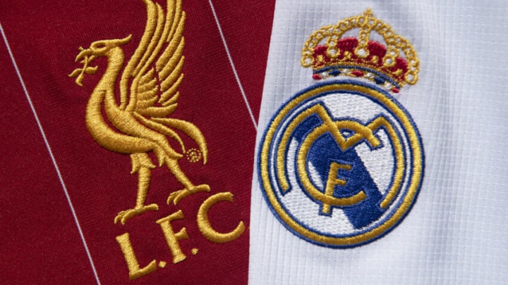 MANCHESTER, ENGLAND - FEBRUARY 25: The Liverpool FC and Real Madrid club badges on their first team home shirts on February 25, 2021 in Manchester, United Kingdom. (Photo by Visionhaus/Getty Images)