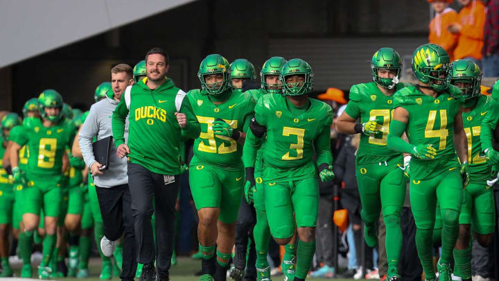 Oregon head coach Dan Lanning takes to the field with his team as the No. 9 Oregon Ducks take on the No. 21 Oregon State Beavers at Reser Stadium in Corvallis, Ore., Saturday, Nov 26, 2022.