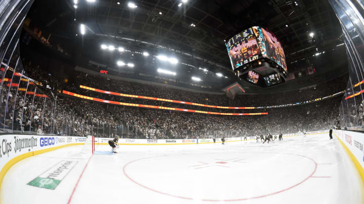 Fans wave towels as they wait for the first period to start in Game Six of the Western Conference First Round between the San Jose Sharks and the Vegas Golden Knights during the 2019 NHL Stanley Cup Playoffs at T-Mobile Arena on April 21, 2019. (Photo by Ethan Miller/Getty Images)