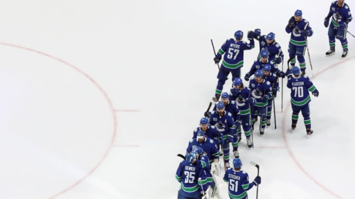 EDMONTON, ALBERTA - SEPTEMBER 03: The Vancouver Canucks celebrate a win over the Vegas Golden Knights in Game Six of the Western Conference Second Round during the 2020 NHL Stanley Cup Playoffs at Rogers Place on September 03, 2020 in Edmonton, Alberta, Canada. (Photo by Bruce Bennett/Getty Images)