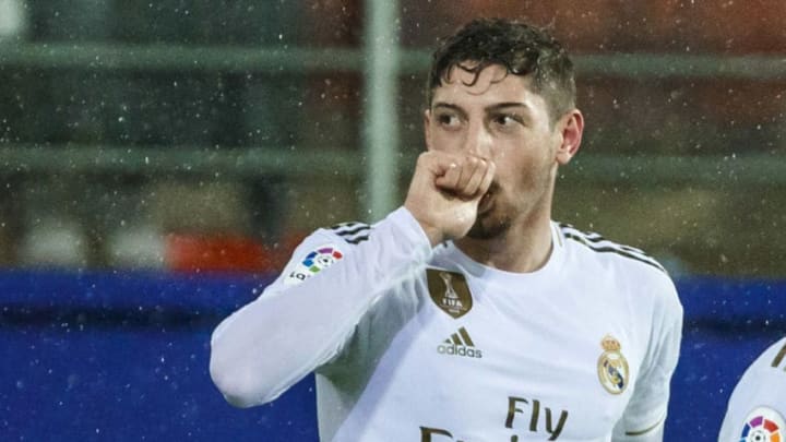 EIBAR, SPAIN - NOVEMBER 09: Federico Valverde of Real Madrid celebrates his goal with team mates during the Liga match between SD Eibar SAD and Real Madrid CF at Ipurua Municipal Stadium on November 9, 2019 in Eibar, Spain. (Photo by TF-Images/Getty Images)