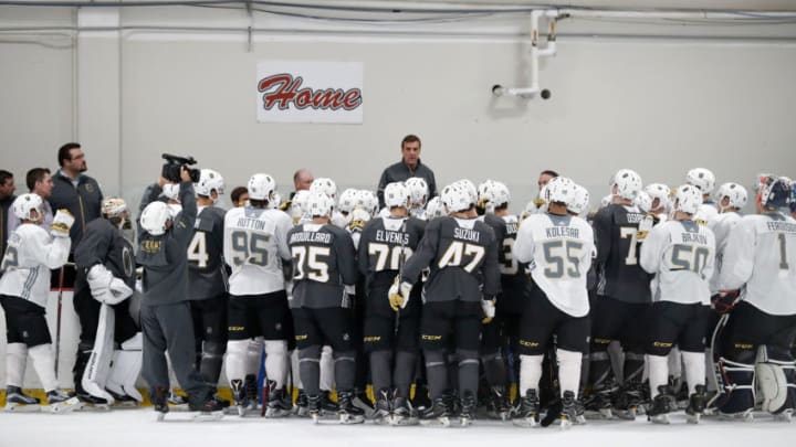 LAS VEGAS, NV - JULY 01: Vegas Golden Knights General Manager George McPhee speaks to the team after a joint scrimmage at the Vegas Golden Knights Development Camp on July 1, 2017 at the Las Vegas Ice Center in Las Vegas, Nevada. (Photo by Jeff Speer/Icon Sportswire via Getty Images)