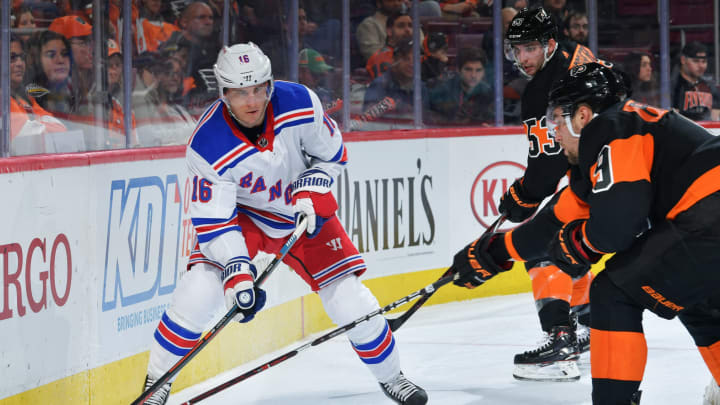 PHILADELPHIA, PA – MARCH 31: Ryan Strome #16 of the New York Rangers tries to get past Shayne Gostisbehere #53 and Ivan Provorov #9 of the Philadelphia Flyers in the third period at Wells Fargo Center on March 31, 2019 in Philadelphia, Pennsylvania. The Rangers won 3-0. (Photo by Drew Hallowell/Getty Images)