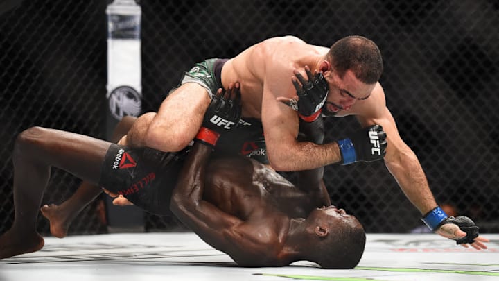 ATLANTA, GEORGIA - APRIL 13: Belal Muhammad takes down Curtis Millender during the UFC 236 event at State Farm Arena on April 13, 2019 in Atlanta, Georgia. (Photo by Logan Riely/Getty Images)