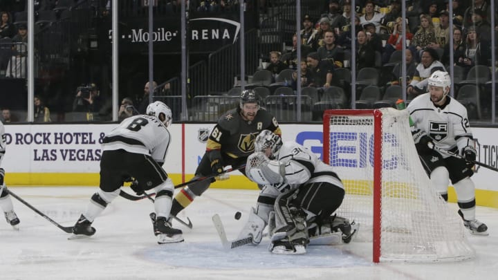 LAS VEGAS, NV – JANUARY 09: Los Angeles Kings goaltender Jack Campbell (36) blocks a puck during a regular season game against the Vegas Golden Knights Thursday, Jan. 9, 2020, at T-Mobile Arena in Las Vegas, Nevada. (Photo by: Marc Sanchez/Icon Sportswire via Getty Images)