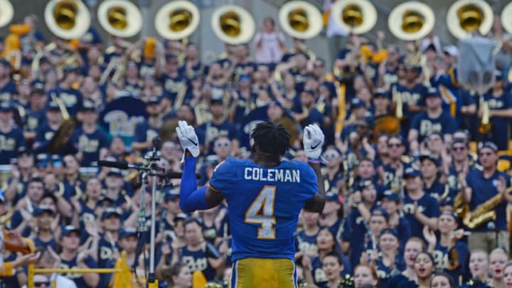 PITTSBURGH, PA - OCTOBER 06: Therran Coleman #4 of the Pittsburgh Panthers conducts the Pitt Band after a 44-37 win over the Syracuse Orange during the game at Heinz Field on October 6, 2018 in Pittsburgh, Pennsylvania. (Photo by Justin Berl/Getty Images)