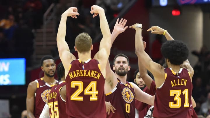 Cleveland Cavaliers big Kevin Love (#0) celebrates with teammates in-game. (Photo by David Richard-USA TODAY Sports)