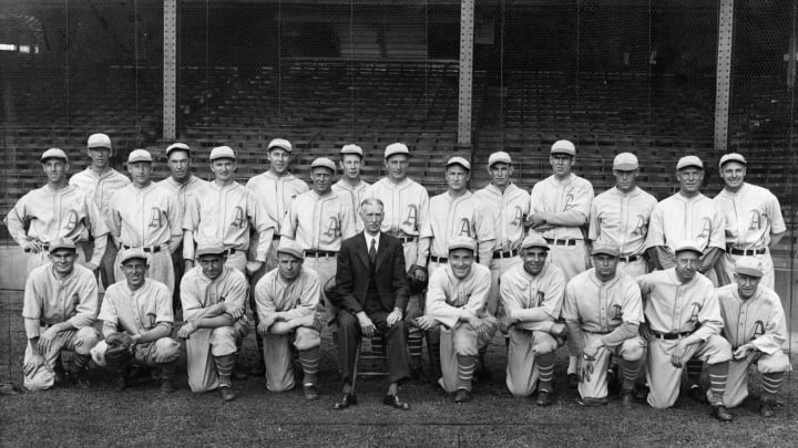 PHILADELPHIA – 1929. The Philadelphia Athletics pose for a team photo in 1929. Connie Mack appears in street clothes, while team stars are Lefty Grove, back row, second from left, and in the front row, Al Simmons, fifth from right, Jimmy Foxx, third from right, and Eddie Collins, second from right.. (Photo by Mark Rucker/Transcendental Graphics, Getty Images)