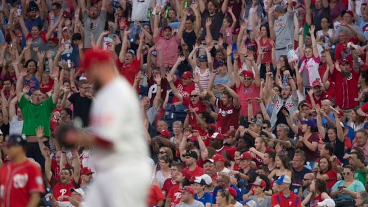 PHILADELPHIA, PA - JUNE 30: Philadelphia Phillies fans start the wave as Tommy Hunter #40 walks back to the mound in the top of the sixth inning against the Washington Nationals at Citizens Bank Park on June 30, 2018 in Philadelphia, Pennsylvania. The Phillies defeated the Nationals 3-2. (Photo by Mitchell Leff/Getty Images)