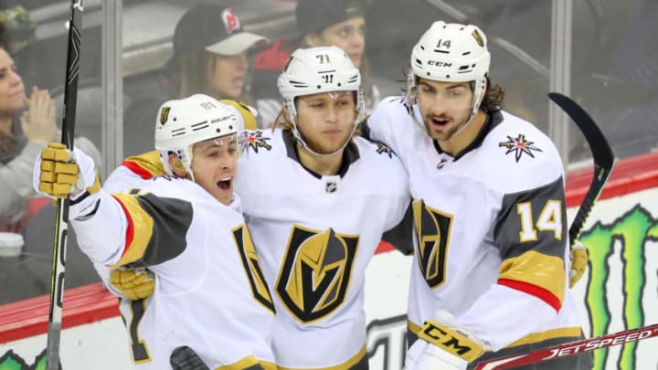 NEWARK, NJ - DECEMBER 03: Vegas Golden Knights center Jonathan Marchessault (81) celebrates with teammates after scoring during the National Hockey League game between the New Jersey Devils and the Vegas Golden Knights on December 3, 2019 at the Prudential Center in Newark, NJ. (Photo by Rich Graessle/Icon Sportswire via Getty Images)