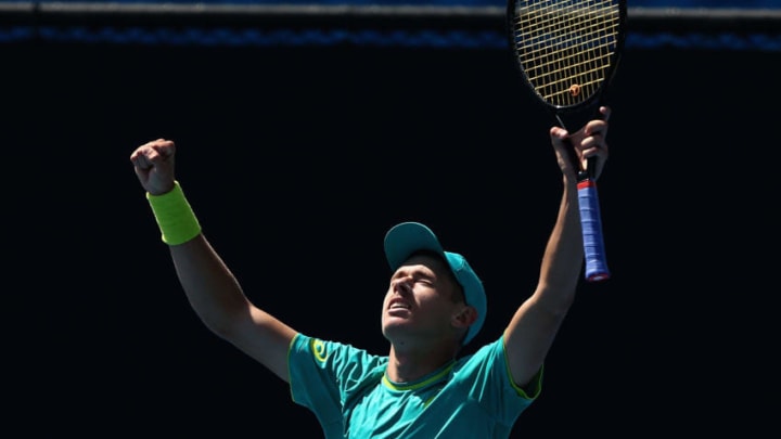 MELBOURNE, AUSTRALIA - DECEMBER 17: Alex De Minaur of Australia celebrates a win in his match against Alex Bolt of Australia during the Australian Open December Showdown at Melbourne Park on December 17, 2017 in Melbourne, Australia. (Photo by Robert Prezioso/Getty Images)