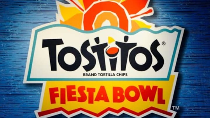 Jan 1, 2014; Glendale, AZ, USA; A detailed view of a Tostitios Fiesta Bowl logo on the scoreboard before the game between the Baylor Bears and the Central Florida Knights during the Fiesta Bowl at University of Phoenix Stadium. Central Florida defeated Baylor 52-42. Mandatory Credit: Casey Sapio-USA TODAY Sports