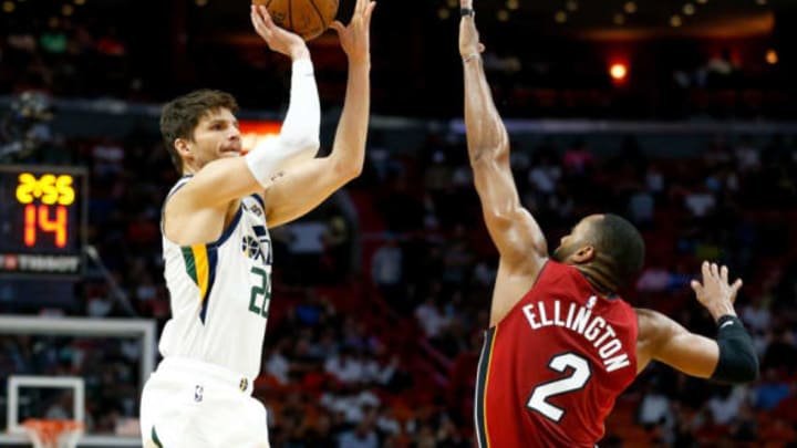 MIAMI, FL – DECEMBER 02: Kyle Korver #26 of the Utah Jazz shoots a three pointer over Wayne Ellington #2 of the Miami Heat during the first half at American Airlines Arena on December 2, 2018 in Miami, Florida. NOTE TO USER: User expressly acknowledges and agrees that, by downloading and or using this photograph, User is consenting to the terms and conditions of the Getty Images License Agreement. (Photo by Michael Reaves/Getty Images)