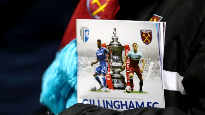 GILLINGHAM, ENGLAND - JANUARY 05: The match day programme is seen prior to the FA Cup Third Round match between Gillingham and West Ham United at MEMS Priestfield Stadium on January 05, 2020 in Gillingham, England. (Photo by Julian Finney/Getty Images)