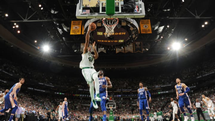 BOSTON, MA - May 3: Al Horford #42 of the Boston Celtics shoots the ball against the Philadelphia 76ers in Game Two of Round Two of the 2018 NBA Playoffs on May 3, 2018 at the TD Garden in Boston, Massachusetts. NOTE TO USER: User expressly acknowledges and agrees that, by downloading and or using this photograph, User is consenting to the terms and conditions of the Getty Images License Agreement. Mandatory Copyright Notice: Copyright 2018 NBAE (Photo by Brian Babineau/NBAE via Getty Images)