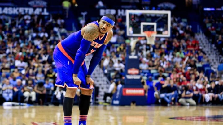 Mar 28, 2016; New Orleans, LA, USA; New York Knicks forward Carmelo Anthony (7) reacts against the New Orleans Pelicans during the second half of a game at the Smoothie King Center. The Pelicans defeated the Knicks 99-91. Mandatory Credit: Derick E. Hingle-USA TODAY Sports