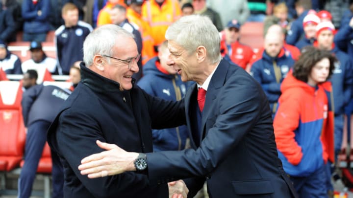 LONDON, ENGLAND - February 14: Manager Arsene Wenger of Arsenal welcomes manager Claudio Ranieri of Leicester City to The Emirates Stadium ahead of the Premier League match between Arsenal and Leicester City at Emirates Stadium on February 14, 2016 in London, United Kingdom. (Photo by Plumb Images/Leicester City FC via Getty Images)