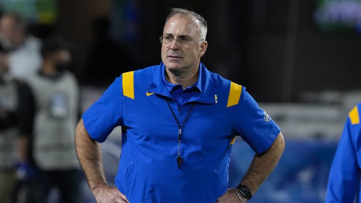 Dec 4, 2021; Charlotte, NC, USA; Pittsburgh Panthers head coach Pat Narduzzi looks on during warm ups before the ACC championship game against the Wake Forest Demon Deacons at Bank of America Stadium. Mandatory Credit: Jim Dedmon-USA TODAY Sports