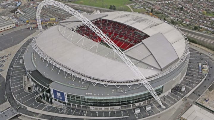 LONDON - MARCH 17: An aerial view of Wembley Stadium on the Wembley Stadium Community Day on March 17, 2007 in London. The Stadium expects around 60,000 people to attend the event which allows residents of Brent an exclusive look inside the new stadium. The residents will also be helping the organisers test facilities such as the toilets, turnstiles and escalators. (Photo by Pool/Getty Images)