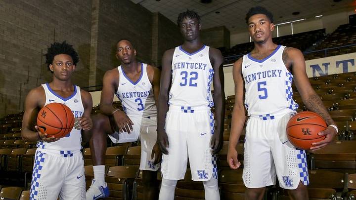 Sep 15, 2016; Lexington, KY, USA; Kentucky Wildcats guard De Aaron Fox (0) forward Bam Adebayo (3) forward Wenyen Gabriel (32) and guard Malik Monk (5) during Kentucky media day at Memorial Coliseum. Mandatory Credit: Mark Zerof-USA TODAY Sports Sep 15, 2016; Lexington, KY, USA; Kentucky Wildcats guard De Aaron Fox (0) forward Bam Adebayo (3) forward Wenyen Gabriel (32) and guard Malik Monk (5) during Kentucky media day at Memorial Coliseum. Mandatory Credit: Mark Zerof-USA TODAY Sports