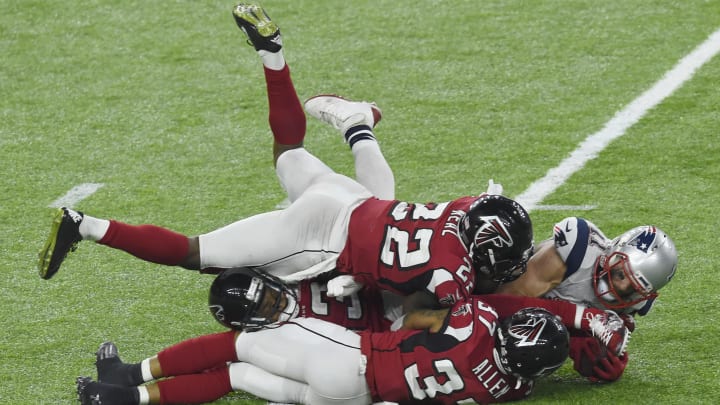 HOUSTON, TX – FEBRUARY 05: Julian Edelman #11 of the New England Patriots catches the pass over Keanu Neal #22 and Ricardo Allen #37 of the Atlanta Falcons during Super Bowl 51 at NRG Stadium on February 5, 2017 in Houston, Texas. The Patriots defeat the Atlanta Falcons 34-28 in overtime. (Photo by Focus on Sport/Getty Images)