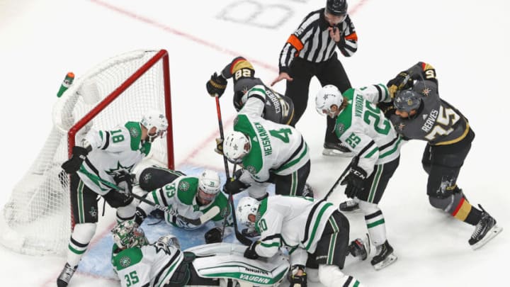 EDMONTON, ALBERTA - SEPTEMBER 14: Anton Khudobin #35 of the Dallas Stars covers up the puck against the Vegas Golden Knights during the second period in Game Five of the Western Conference Final during the 2020 NHL Stanley Cup Playoffs at Rogers Place on September 14, 2020 in Edmonton, Alberta, Canada. (Photo by Bruce Bennett/Getty Images)