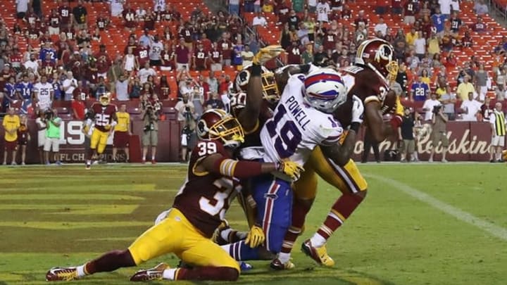 Aug 26, 2016; Landover, MD, USA; Washington Redskins cornerback Kendall Fuller (38) makes the game saving interception in the end zone on the final play of the game in front of Buffalo Bills wide receiver Walt Powell (19) at FedEx Field. The Redskins won 21-16. Mandatory Credit: Geoff Burke-USA TODAY Sports