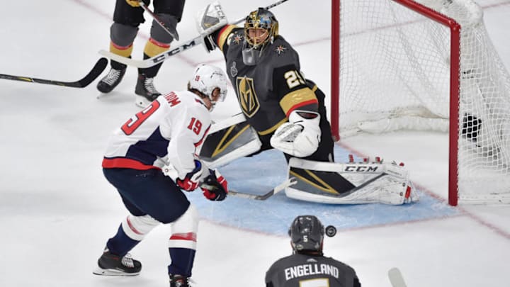 LAS VEGAS, NV - MAY 28: Nicklas Backstrom #19 of the Washington Capitals scores a goal against Marc-Andre Fleury #29 of the Vegas Golden Knights in Game One of the Stanley Cup Final during the 2018 NHL Stanley Cup Playoffs at T-Mobile Arena on May 28, 2018 in Las Vegas, Nevada. (Photo by David Becker/NHLI via Getty Images)