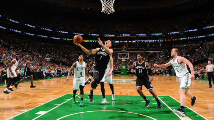 BOSTON, MA - APRIL 10: Jeremy Lin #7 of the Brooklyn Nets shoots a lay up against the Boston Celtics on April 10, 2017 at the TD Garden in Boston, Massachusetts. NOTE TO USER: User expressly acknowledges and agrees that, by downloading and or using this photograph, User is consenting to the terms and conditions of the Getty Images License Agreement. Mandatory Copyright Notice: Copyright 2017 NBAE (Photo by Brian Babineau/NBAE via Getty Images)