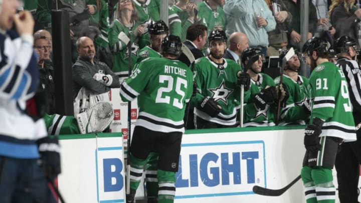 DALLAS, TX - JANUARY 19: Brett Ritchie #25 of the Dallas Stars celebrates a goal against the Winnipeg Jets at the American Airlines Center on January 19, 2019 in Dallas, Texas. (Photo by Glenn James/NHLI via Getty Images)
