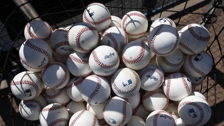 Feb 22, 2016; Tampa, FL, USA; A basket of balls sits on the field during practice at George M. Steinbrenner Stadium. Mandatory Credit: Butch Dill-USA TODAY Sports