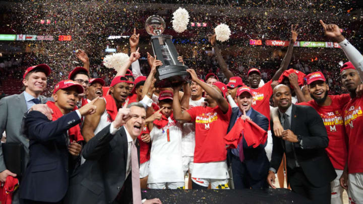 COLLEGE PARK, MD - MARCH 08: The Maryland Terrapins celebrate winning a part of the Big Ten regular season title after a college basketball game against the Michigan Wolverines at the Xfinity Center on March 8, 2020 in College Park, Maryland. (Photo by Mitchell Layton/Getty Images) *** Local Caption ***