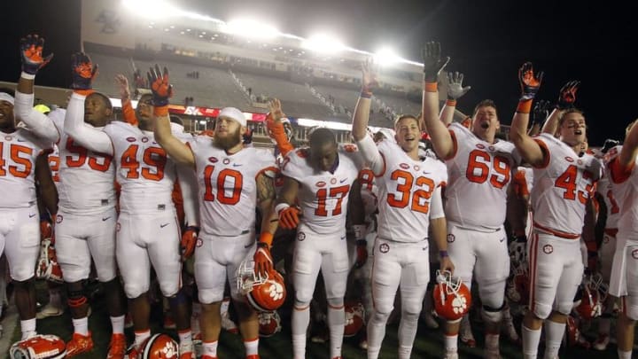 Oct 7, 2016; Boston, MA, USA; Clemson Tigers sing the school song after defeating the Boston College Eagles 56-10 at Alumni Stadium. Mandatory Credit: Stew Milne-USA TODAY Sports