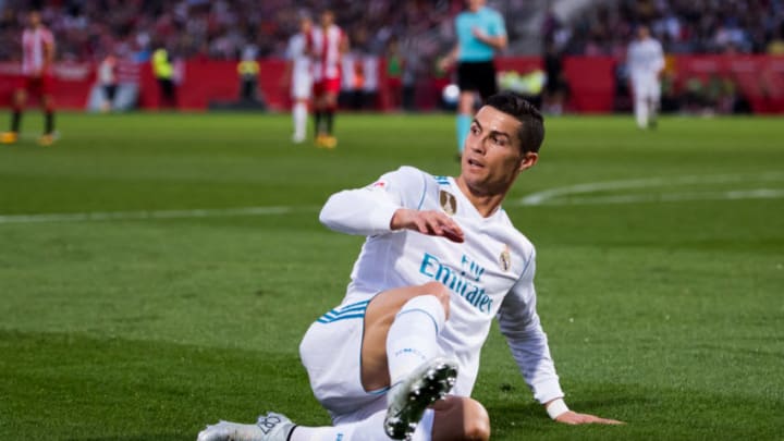 GIRONA, SPAIN - OCTOBER 29: Cristiano Ronaldo of Real Madrid CF reacts during the La Liga match between Girona and Real Madrid at Estadi de Montilivi on October 29, 2017 in Girona, Spain. (Photo by Alex Caparros/Getty Images)