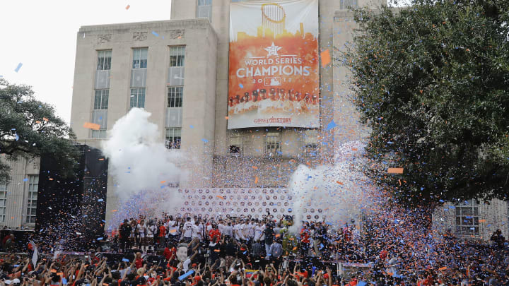 HOUSTON, TX – NOVEMBER 03: The Houston Astros take the stage during the Houston Astros Victory Parade on November 3, 2017 in Houston, Texas. The Astros defeated the Los Angeles Dodgers 5-1 in Game 7 to win the 2017 World Series. (Photo by Tim Warner/Getty Images)
