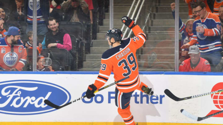 EDMONTON, AB - MARCH 23: Alex Chiasson #39 of the Edmonton Oilers celebrates after scoring a goal during the game against the Ottawa Senators on March 23, 2019 at Rogers Place in Edmonton, Alberta, Canada. (Photo by Andy Devlin/NHLI via Getty Images)