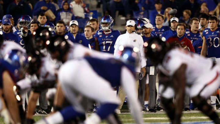 LAWRENCE, KANSAS - OCTOBER 26: Head coach Les Miles of the Kansas Jayhawks watches from the sidelines during the game against the Texas Tech Red Raiders at Memorial Stadium on October 26, 2019 in Lawrence, Kansas. (Photo by Jamie Squire/Getty Images)