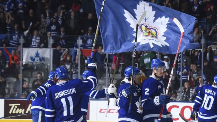 TORONTO, ON - MAY 15: the Toronto Marlies celebrate their victory over the Syracuse Crunch during game 6 action in the Division Final of the Calder Cup Playoffs on May 15, 2017 at Ricoh Coliseum in Toronto, Ontario, Canada. Marlies beat the Crunch 2-1 to tie the series 3-3. (Photo by Graig Abel/Getty Images)
