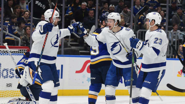 ST. LOUIS, MO. - NOVEMBER 19: Tampa Bay players celebrate after scoring in the first period during an NHL game between the Tampa Bay Lightning and the St. Louis Blues on November 19, 2019, at Enterprise Center, St. Louis, MO. Photo by Keith Gillett/Icon Sportswire via Getty Images)
