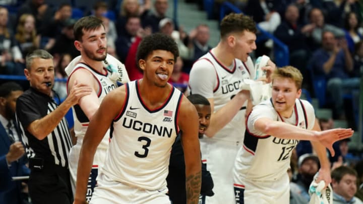 Nov 24, 2023; Hartford, Connecticut, USA; UConn Huskies forward Jaylin Stewart (3) reacts after his three point basket against the Manhattan Jaspers in the second half at XL Center. Mandatory Credit: David Butler II-USA TODAY Sports