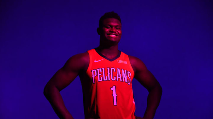 NOMADISON, NJ - AUGUST 11: Zion Williamson #1 of the New Orleans Pelicans poses for a portrait during the 2019 NBA Rookie Photo Shoot on August 11, 2019 at Fairleigh Dickinson University in Madison, New Jersey. NOTE TO USER: User expressly acknowledges and agrees that, by downloading and/or using this photograph, user is consenting to the terms and conditions of the Getty Images License Agreement. Mandatory Copyright Notice: Copyright 2019 NBAE (Photo by Jesse D. Garrabrant/NBAE via Getty Images)