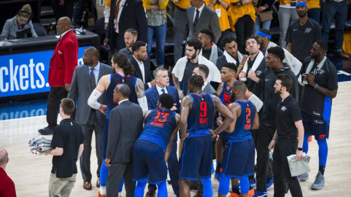 SALT LAKE CITY, UT - APRIL 27: the Oklahoma City Thunder huddle during Game Six of the Western Conference Quarterfinals during the 2018 NBA Playoffs against the Utah Jazz on April 27, 2018 at Vivint Smart Home Arena in Salt Lake City, Utah. NOTE TO USER: User expressly acknowledges and agrees that, by downloading and/or using this photograph, user is consenting to the terms and conditions of the Getty Images License Agreement. Mandatory Copyright Notice: Copyright 2018 NBAE (Photo by Zach Beeker/NBAE via Getty Images)