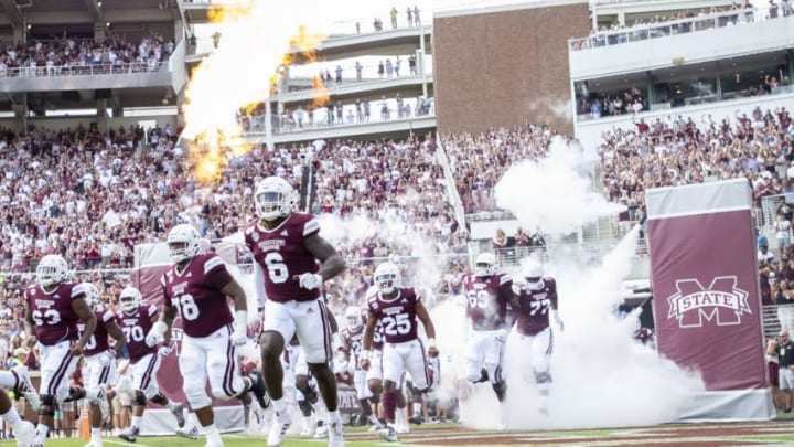 STARKVILLE, MS - SEPTEMBER 21: Members of the Mississippi State Bulldogs run on to the field prior to their game against the Kentucky Wildcats at Davis Wade Stadium on September 21, 2019 in Starkville, Mississippi. (Photo by Michael Chang/Getty Images)