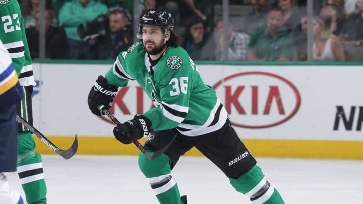 DALLAS, TX – MAY 1: Mats Zuccarello #36 of the Dallas Stars skates against the St. Louis Blues in Game Four of the Western Conference Second Round during the 2019 NHL Stanley Cup Playoffs at the American Airlines Center on May 1, 2019 in Dallas, Texas. (Photo by Glenn James/NHLI via Getty Images)