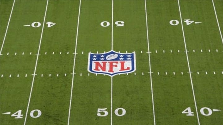 Nov 10, 2013; East Rutherford, NJ, USA; General view of the NFL shield logo at midfield at MetLife Stadium. Mandatory Credit: Kirby Lee-USA TODAY Sports