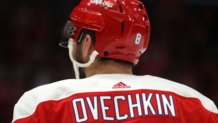 WASHINGTON, DC - FEBRUARY 08: Alex Ovechkin #8 of the Washington Capitals skates against the Philadelphia Flyers at Capital One Arena on February 08, 2020 in Washington, DC. (Photo by Patrick Smith/Getty Images)