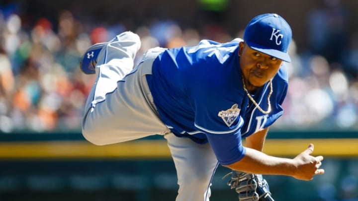 Sep 25, 2016; Detroit, MI, USA; Kansas City Royals starting pitcher Edinson Volquez (36) pitches in the first inning against the Detroit Tigers at Comerica Park. Mandatory Credit: Rick Osentoski-USA TODAY Sports